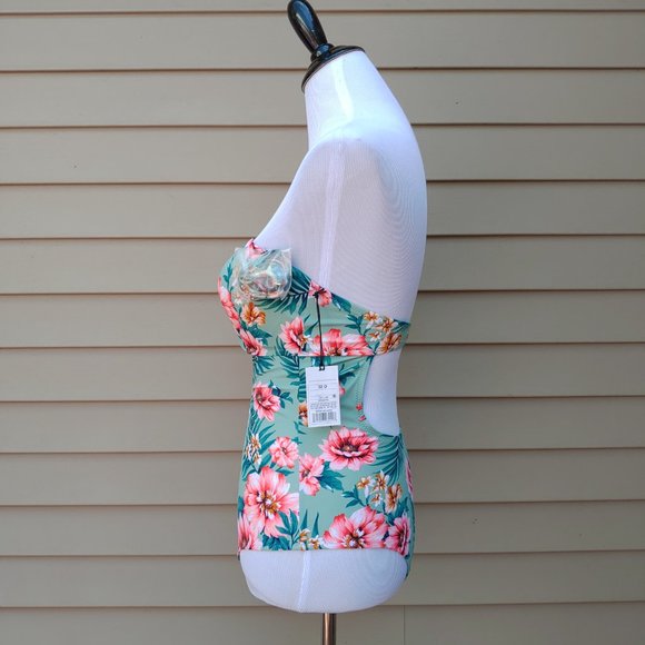 Shade & Shore One-Piece Bikini Green Floral Print NWT Underboob Cut-Out - Picture 7 of 14